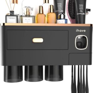 Toothbrush Holders for Bathrooms, 4 Cups Toothbrush Holder Wall Mounted with Toothpaste Dispenser