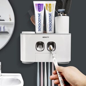 Wall-Mounted Toothbrush Holder with Toothpaste Dispenser (Grey)
