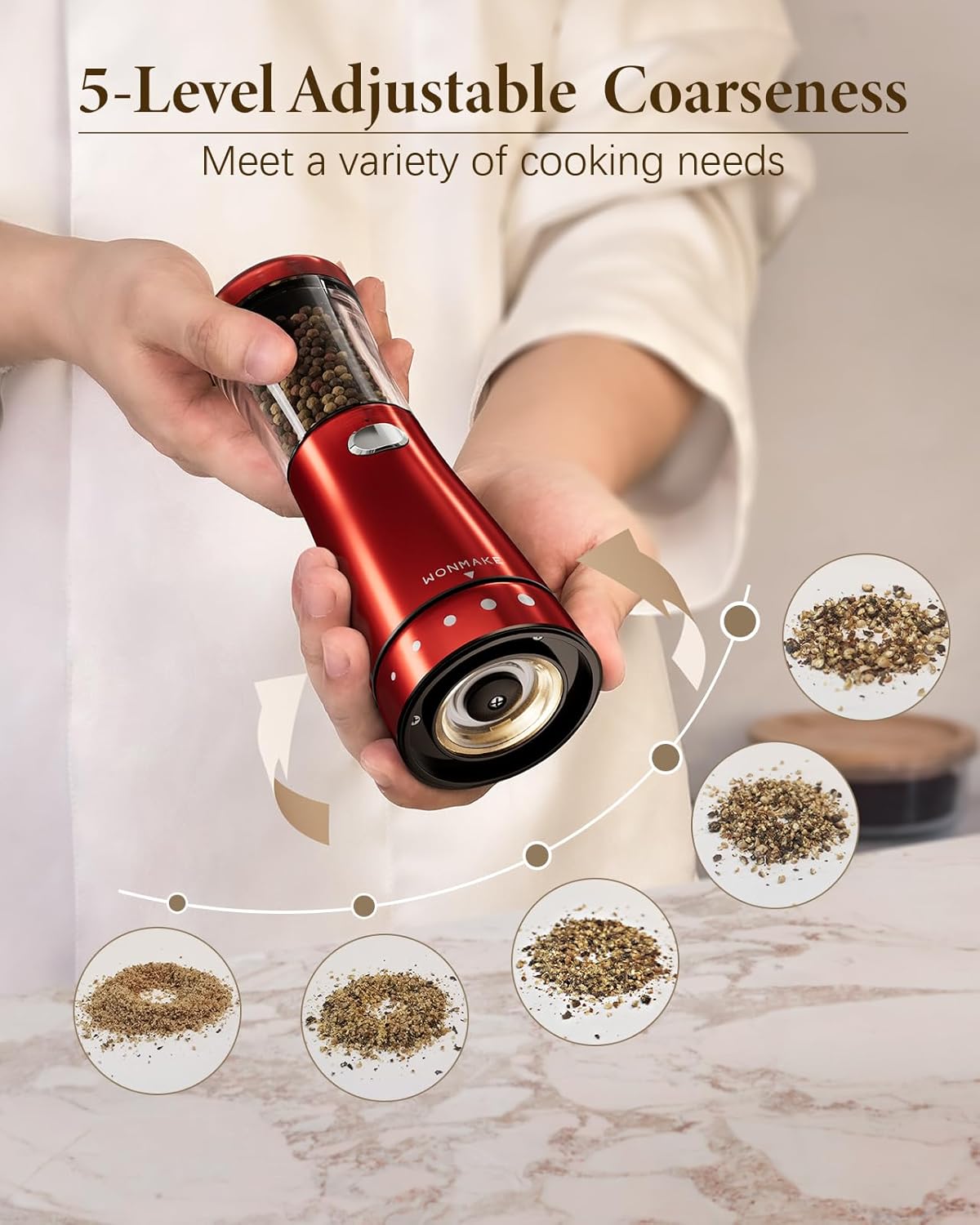 WONMAKE Electric Salt & Pepper Grinder Set – USB & LED Light, Adjustable Grind - Image 4