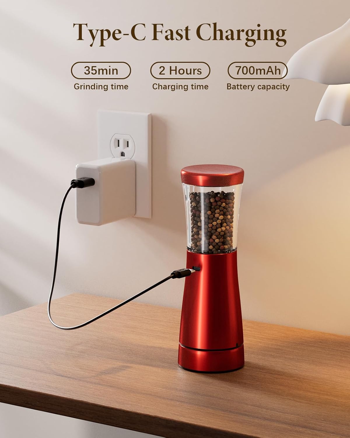 WONMAKE Electric Salt & Pepper Grinder Set – USB & LED Light, Adjustable Grind - Image 5