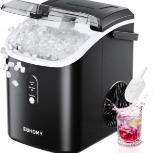 EUHOMY Portable Nugget Ice Maker – 34lbs/Day, 6-Min Ice, Auto-Clean, Removable Cover, with Basket & Scoop – Ideal for Home, Parties, RV, Camping (Black)