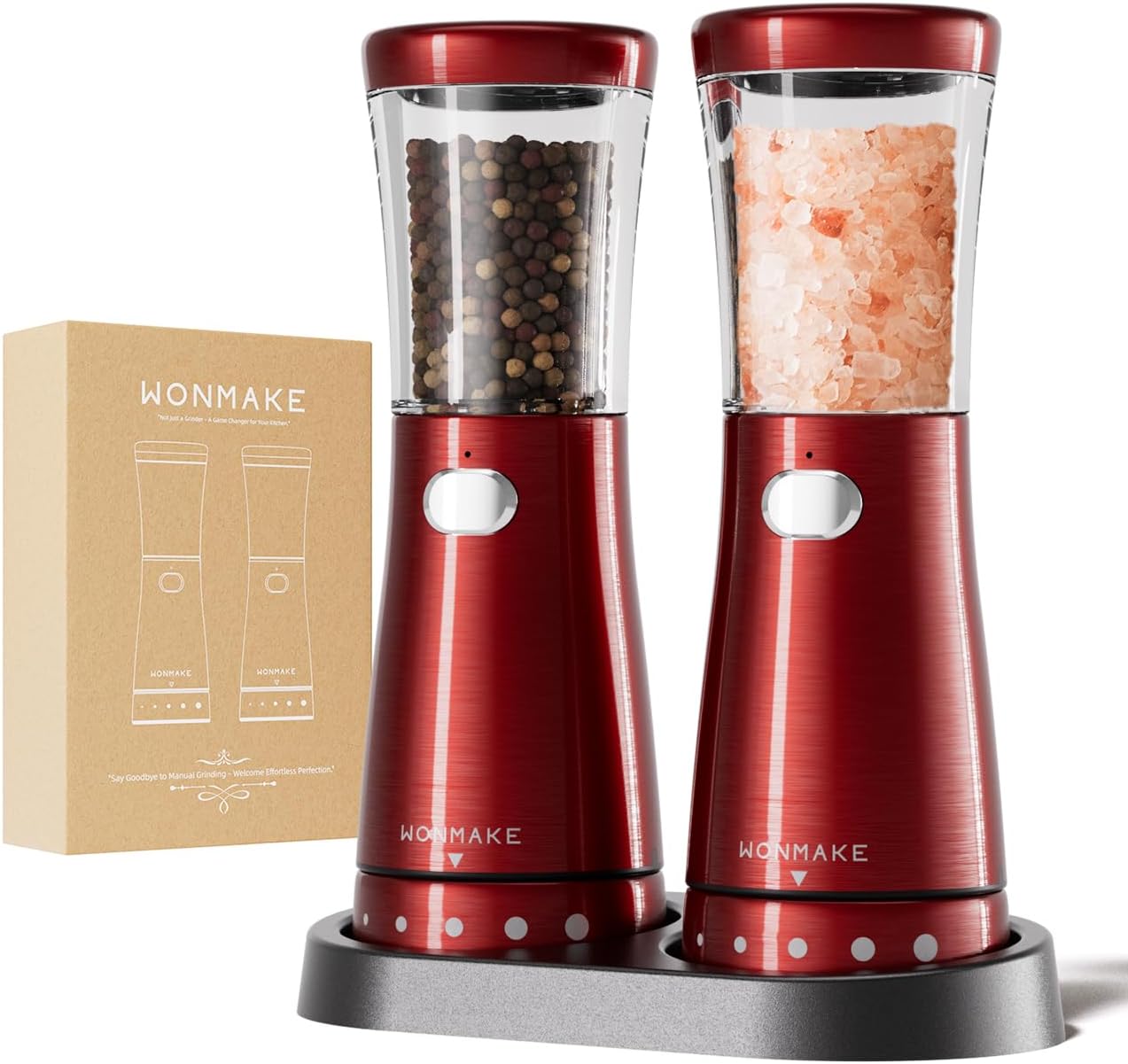 WONMAKE Electric Salt & Pepper Grinder Set – USB & LED Light, Adjustable Grind